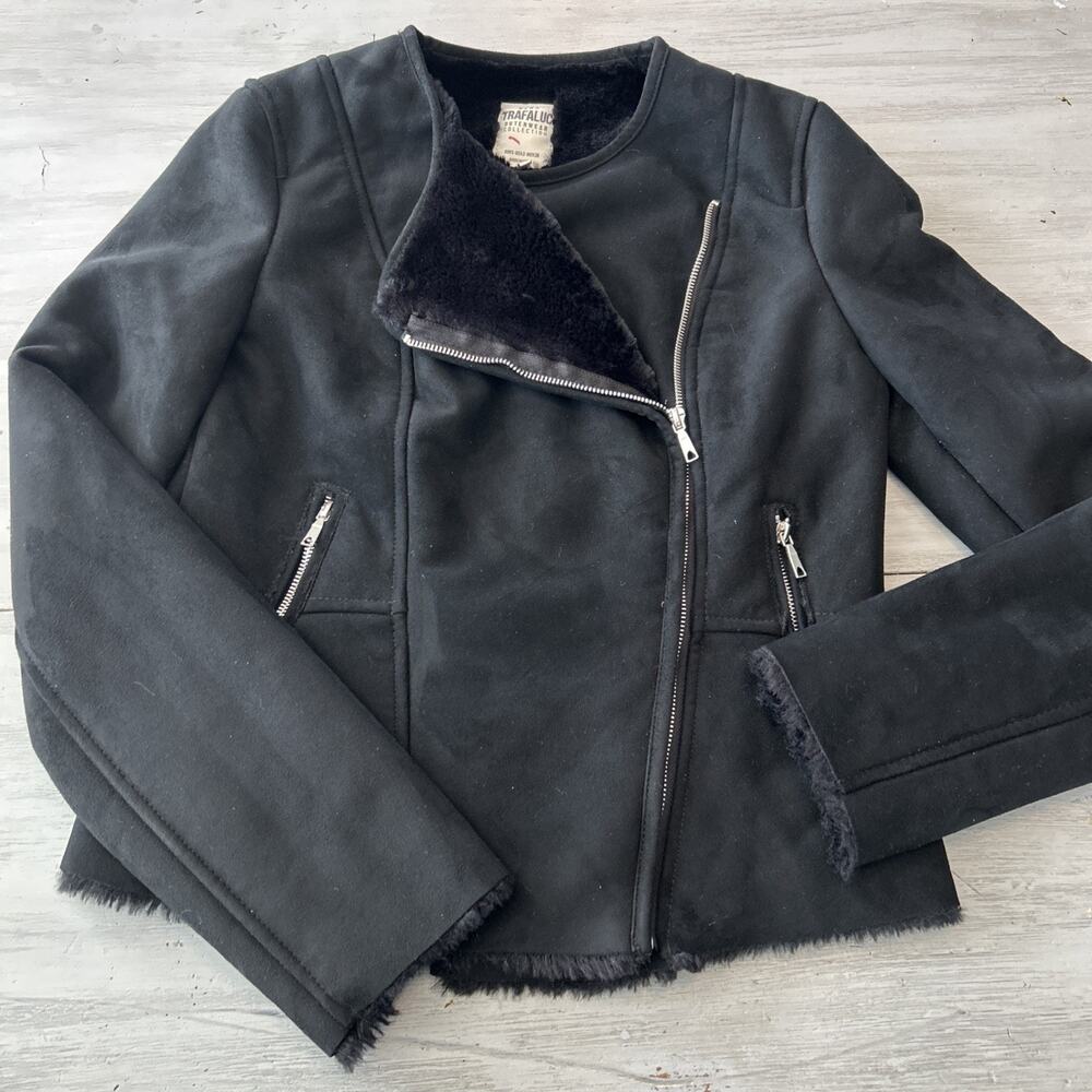 Zara Black Faux Suede Faux Shearling-Lined Jacket, Small